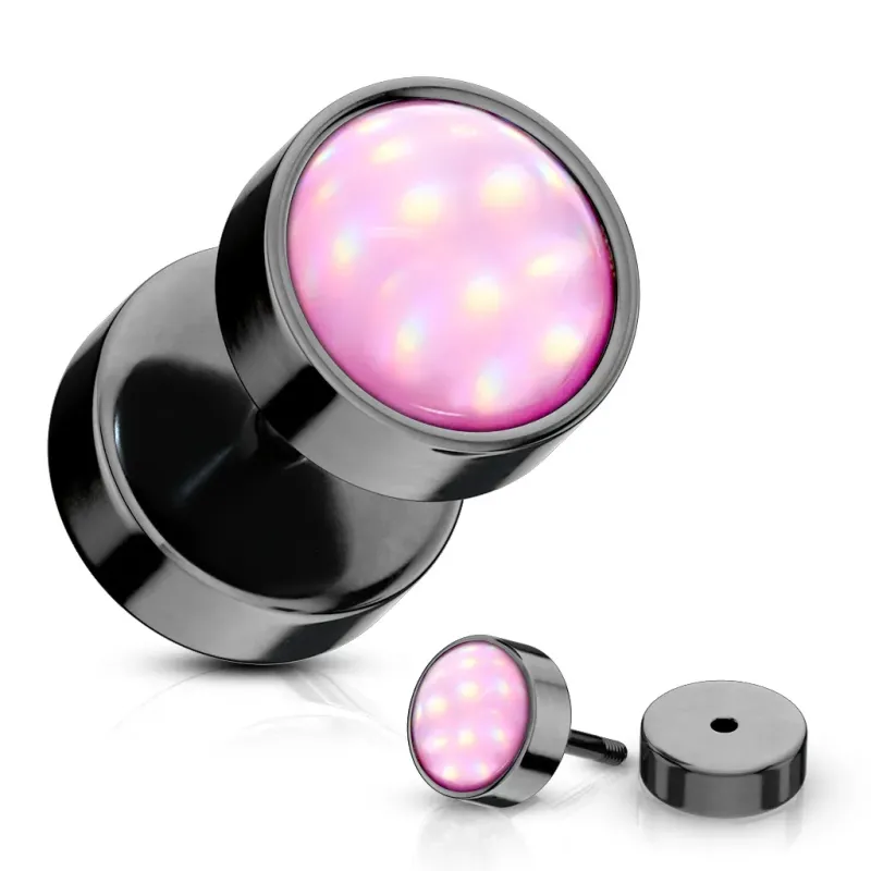 Piercing oreille faux plug noir pierre lumineuse rose