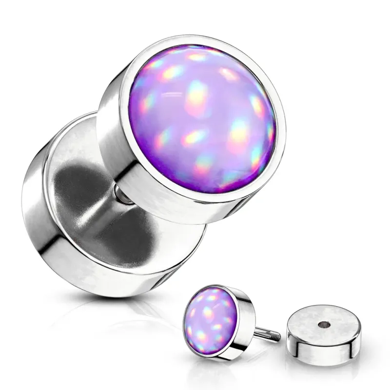 Piercing oreille faux plug acier pierre lumineuse violette