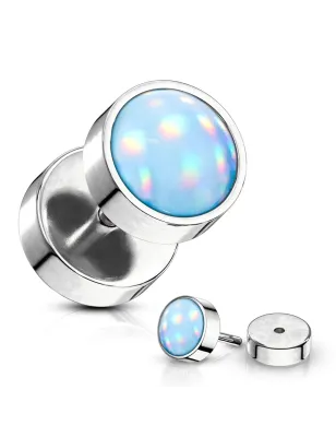 Piercing oreille faux plug acier pierre lumineuse bleue