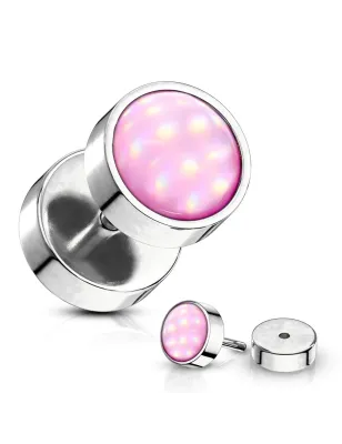 Piercing oreille faux plug acier pierre lumineuse rose