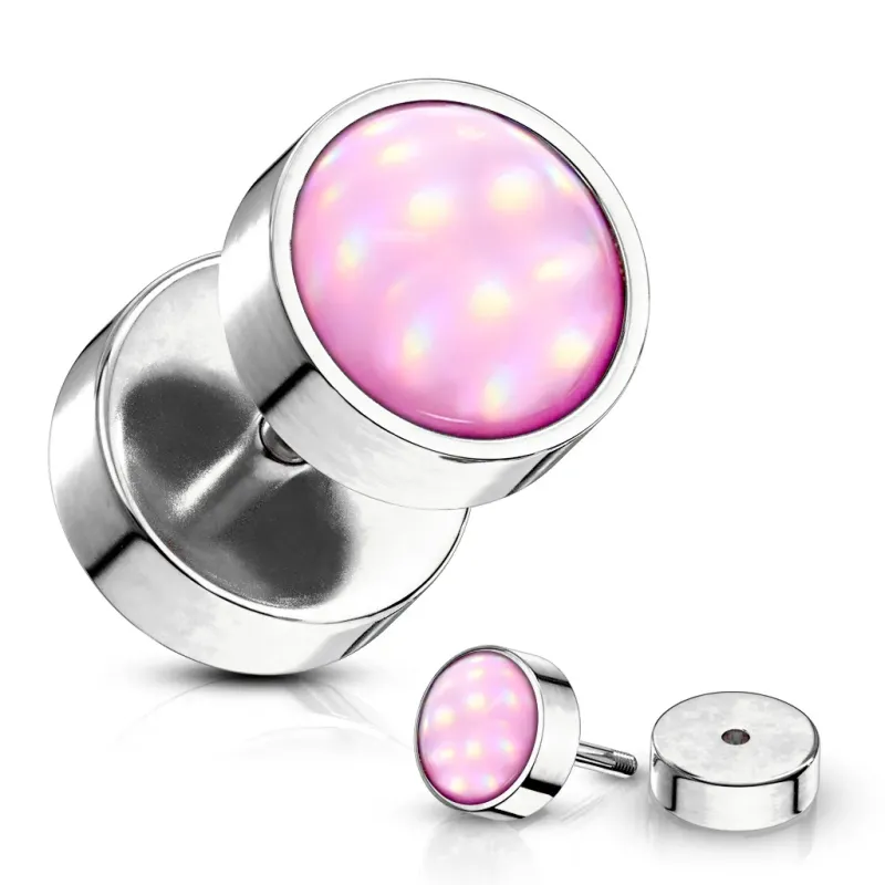 Piercing oreille faux plug acier pierre lumineuse rose