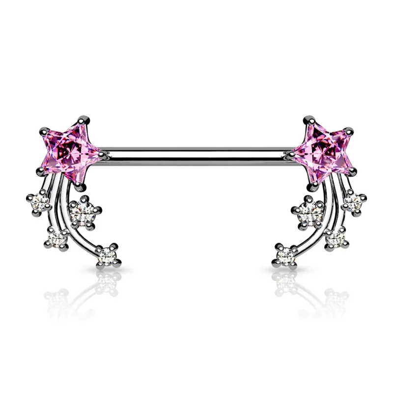 Piercing téton étoile filante strass rose