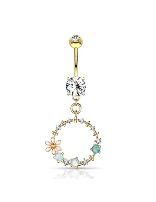 Piercing nombril pendentif cercle de fleurs plaqué or