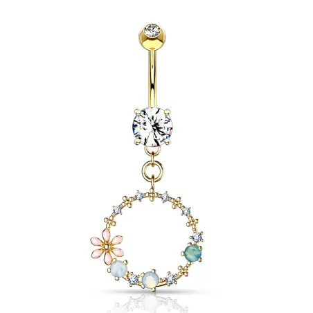 Piercing nombril pendentif cercle de fleurs plaqué or