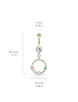 Piercing nombril pendentif cercle de fleurs plaqué or