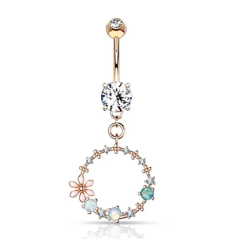 Piercing nombril pendentif cercle de fleurs plaqué or rose