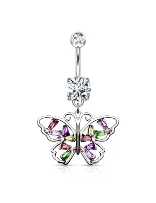 Piercing nombril pendentif papillon strass multicolores