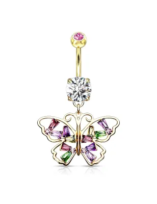 Piercing nombril plaqué or pendentif papillon strass multicolores