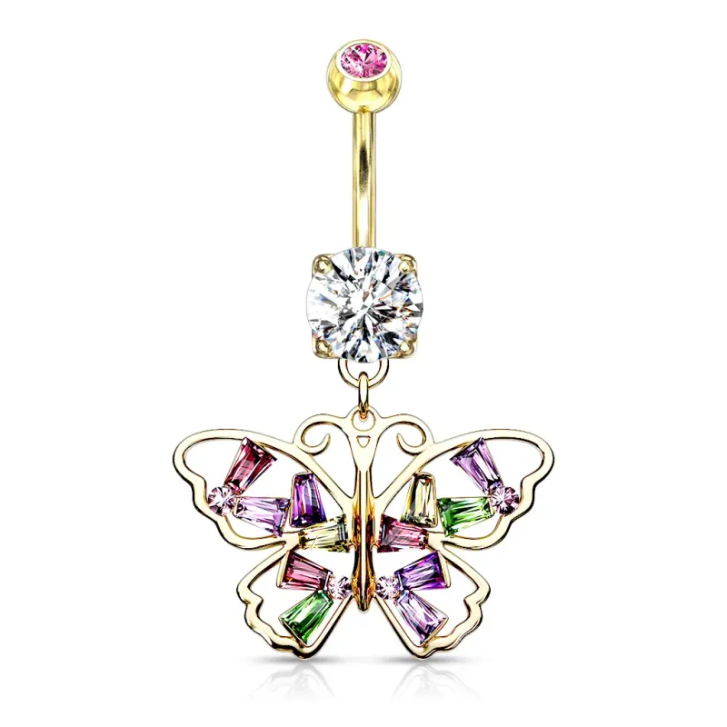 Piercing nombril plaqué or pendentif papillon strass multicolores