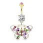 Piercing nombril plaqué or pendentif papillon strass multicolores