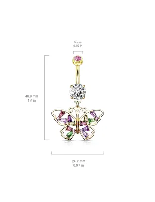 Piercing nombril plaqué or pendentif papillon strass multicolores