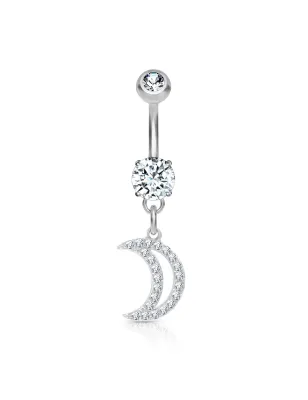 Piercing nombril pendentif lune pavée