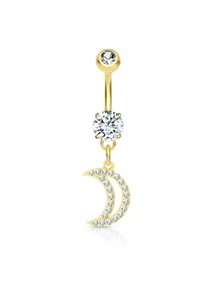 Piercing nombril plaqué or pendentif lune pavée