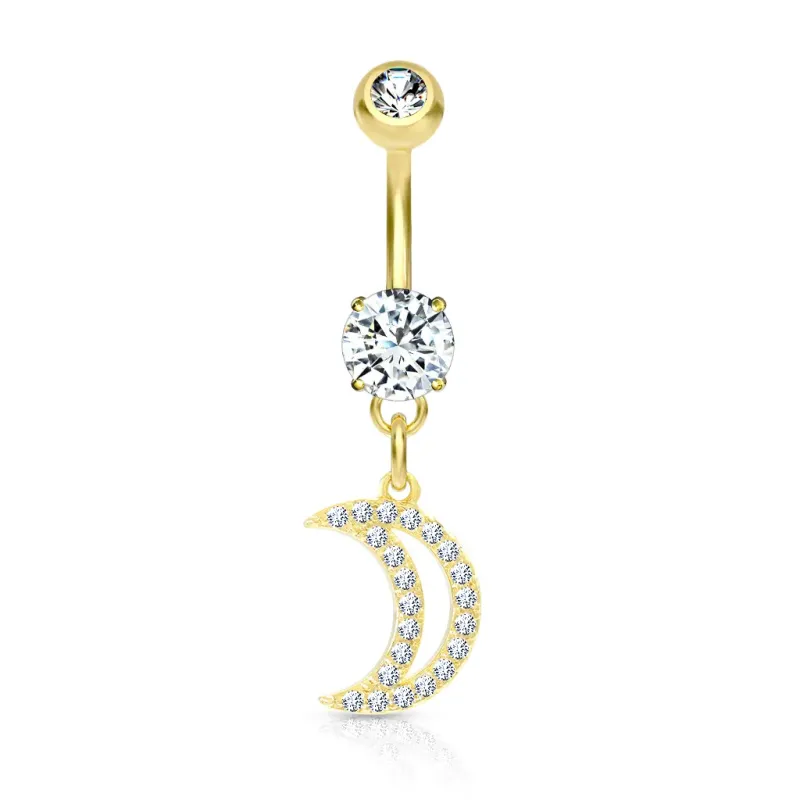 Piercing nombril plaqué or pendentif lune pavée