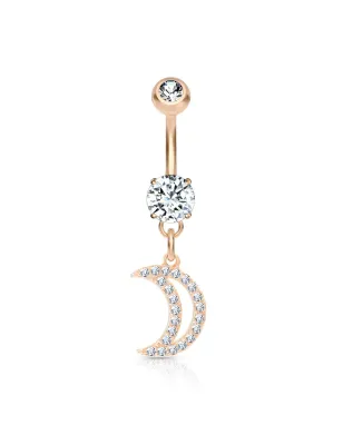 Piercing nombril plaqué or rose pendentif lune pavée