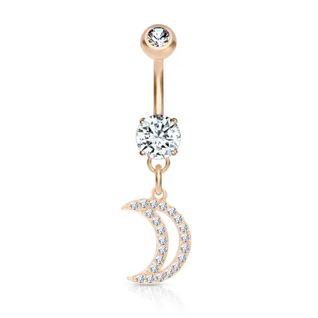 Piercing nombril plaqué or rose pendentif lune pavée