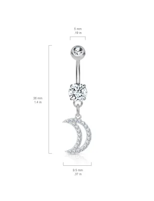 Piercing nombril pendentif lune pavée