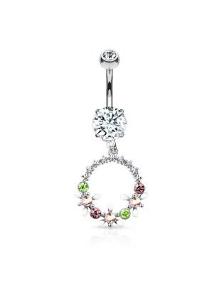 Piercing nombril pendentif cercle de fleurs cristaux