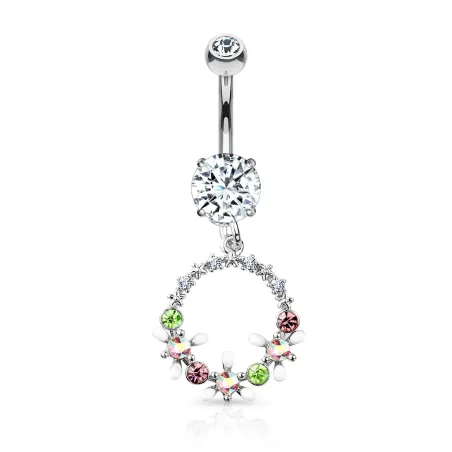 Piercing nombril pendentif cercle de fleurs cristaux