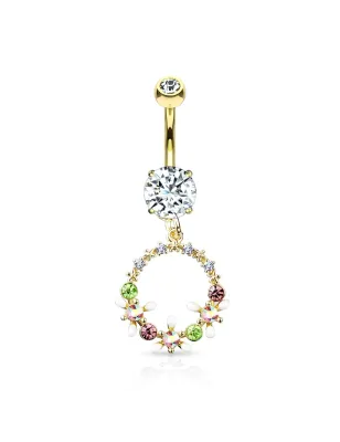 Piercing nombril plaqué or pendentif cercle de fleurs cristaux