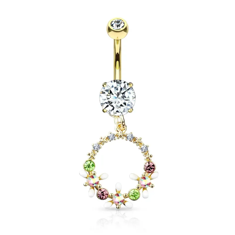 Piercing nombril plaqué or pendentif cercle de fleurs cristaux