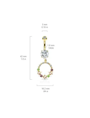 Piercing nombril plaqué or pendentif cercle de fleurs cristaux