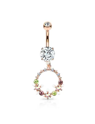 Piercing nombril plaqué or  rose pendentif cercle de fleurs cristaux