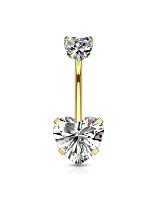 Piercing nombril doré double zircon coeur blanc