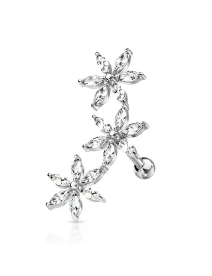 Piercing oreille cartilage hélix triple fleurs strass blancs