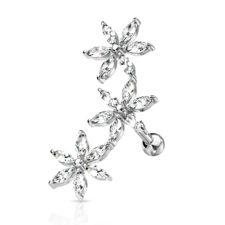 Piercing oreille cartilage hélix triple fleurs strass blancs