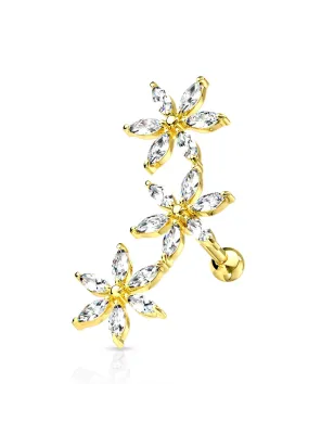 Piercing oreille cartilage hélix triple fleurs doré strass blancs