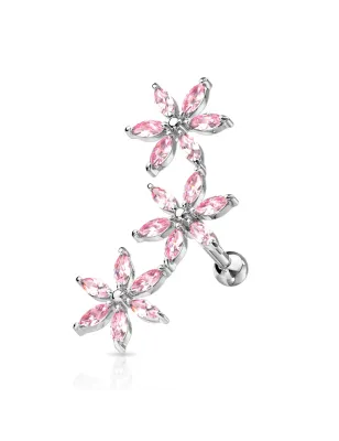 Piercing oreille cartilage hélix triple fleurs strass roses