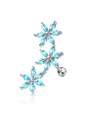 Piercing oreille cartilage hélix triple fleurs strass turquoise