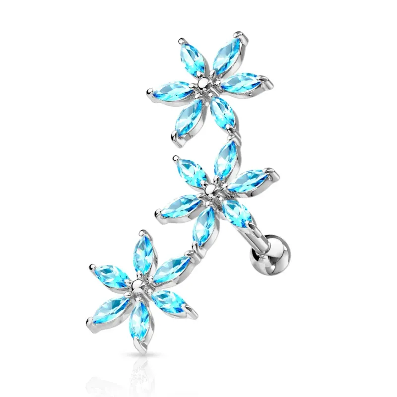 Piercing oreille cartilage hélix triple fleurs strass turquoise