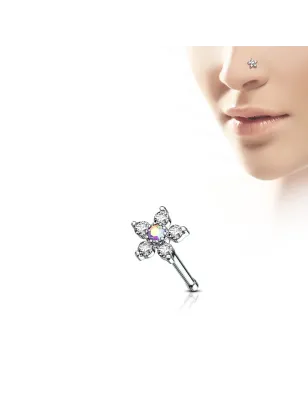 Piercing nez tige droite fleur à 6 strass aurore boréale