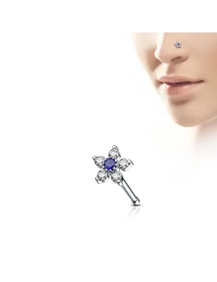 Piercing nez tige droite fleur à 6 strass bleu