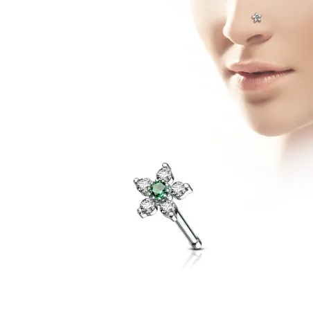 Piercing nez tige droite fleur à 6 strass émeraude