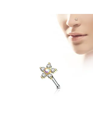 Piercing nez tige droite fleur à 6 strass doré