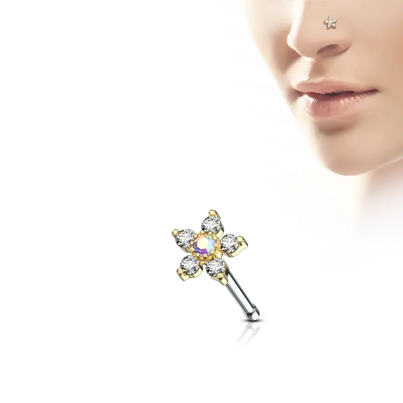 Piercing nez tige droite fleur à 6 strass doré