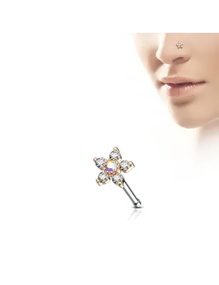 Piercing nez tige droite fleur à 6 strass rosé