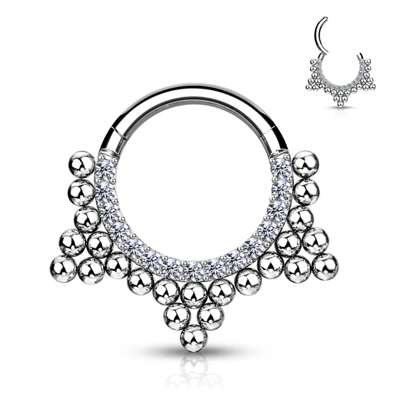 Piercing anneau clipsable strass et cluster de billes argenté