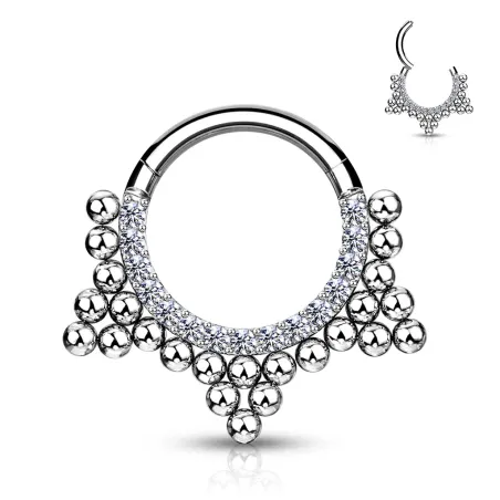 Piercing anneau clipsable strass et cluster de billes argenté