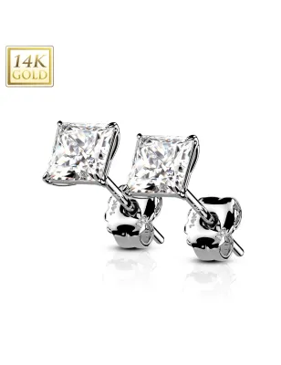 Paire Boucles d'oreille Clous Pierre carrée Or Blanc 14 carats