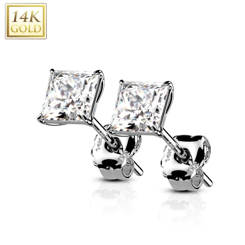 Paire Boucles d'oreille Clous Pierre carrée Or Blanc 14 carats