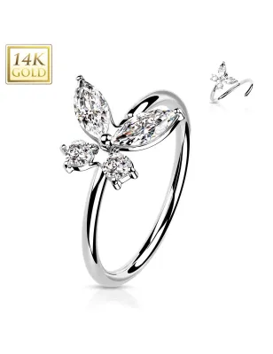 Piercing nez anneau Or blanc 14 carats papillon zircon blanc