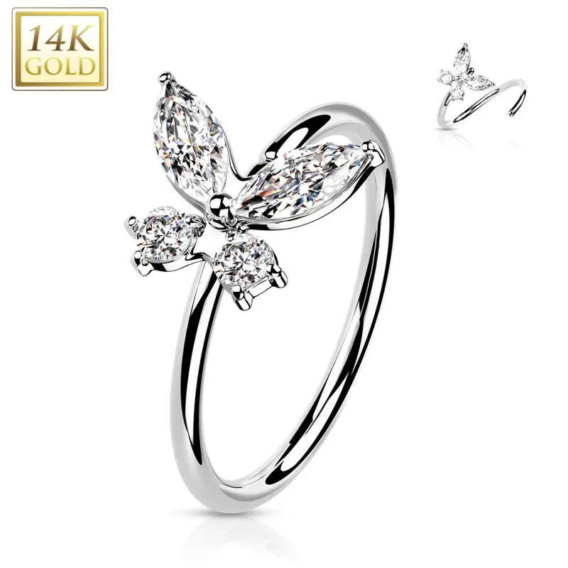 Piercing nez anneau Or blanc 14 carats papillon zircon blanc