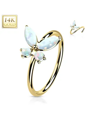 Piercing nez anneau Or jaune 14 carats papillon opales blanches