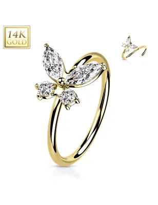 Piercing nez anneau Or jaune 14 carats papillon zircon blanc