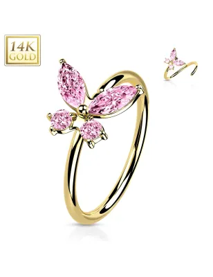 Piercing nez anneau Or jaune 14 carats papillon zircon rose