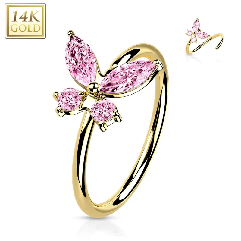 Piercing nez anneau Or jaune 14 carats papillon zircon rose